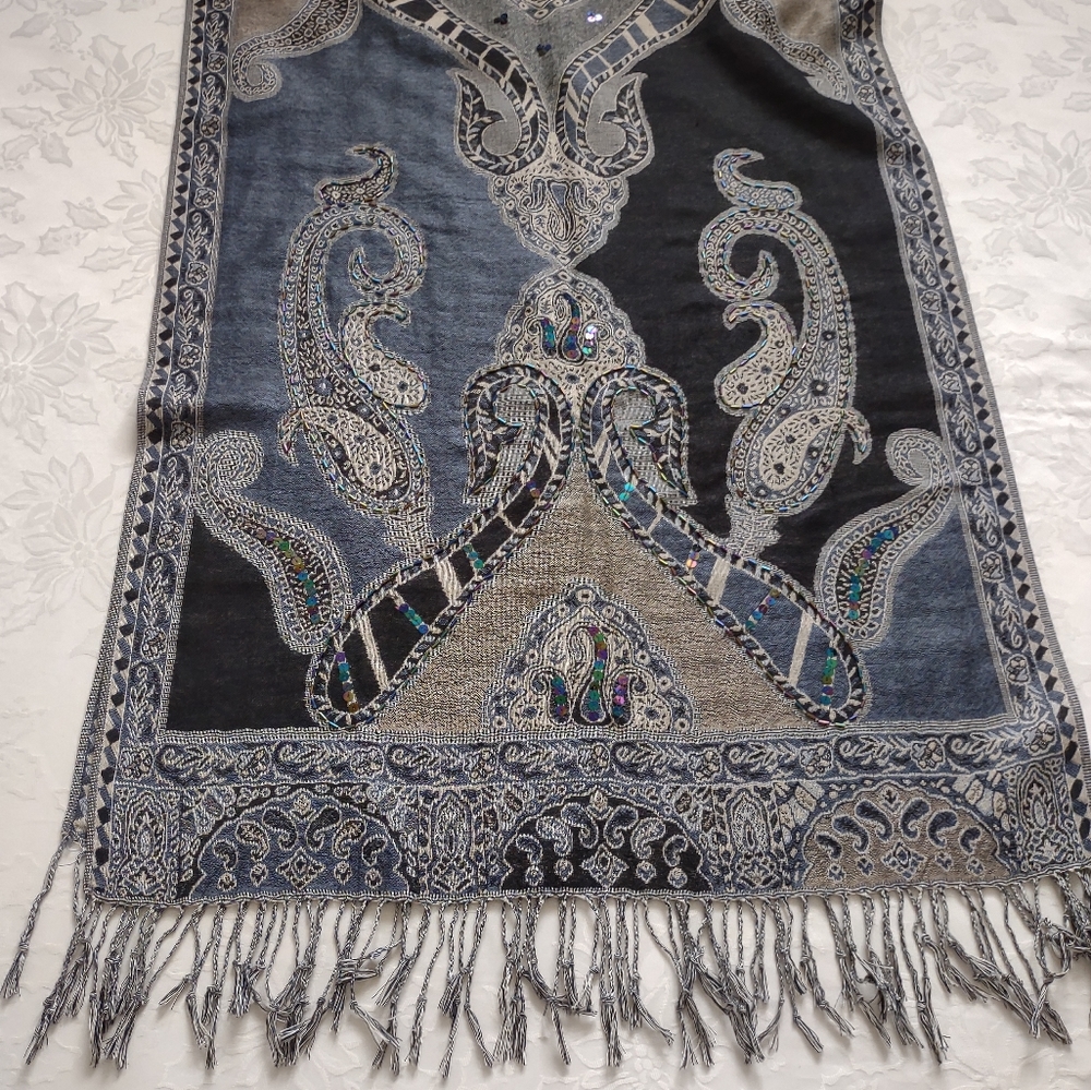 Embellished embroidered paisley fringe wrap scarf pashmina